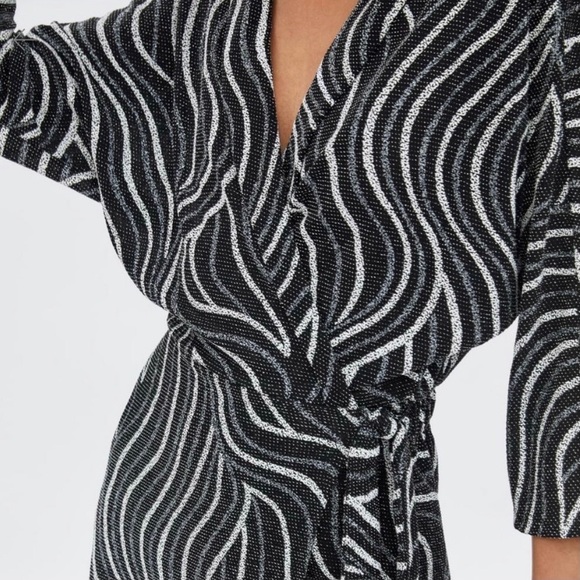 ZARA Glitter V-Neck Mini Wrap Dress Black & White - Picture 2 of 12
